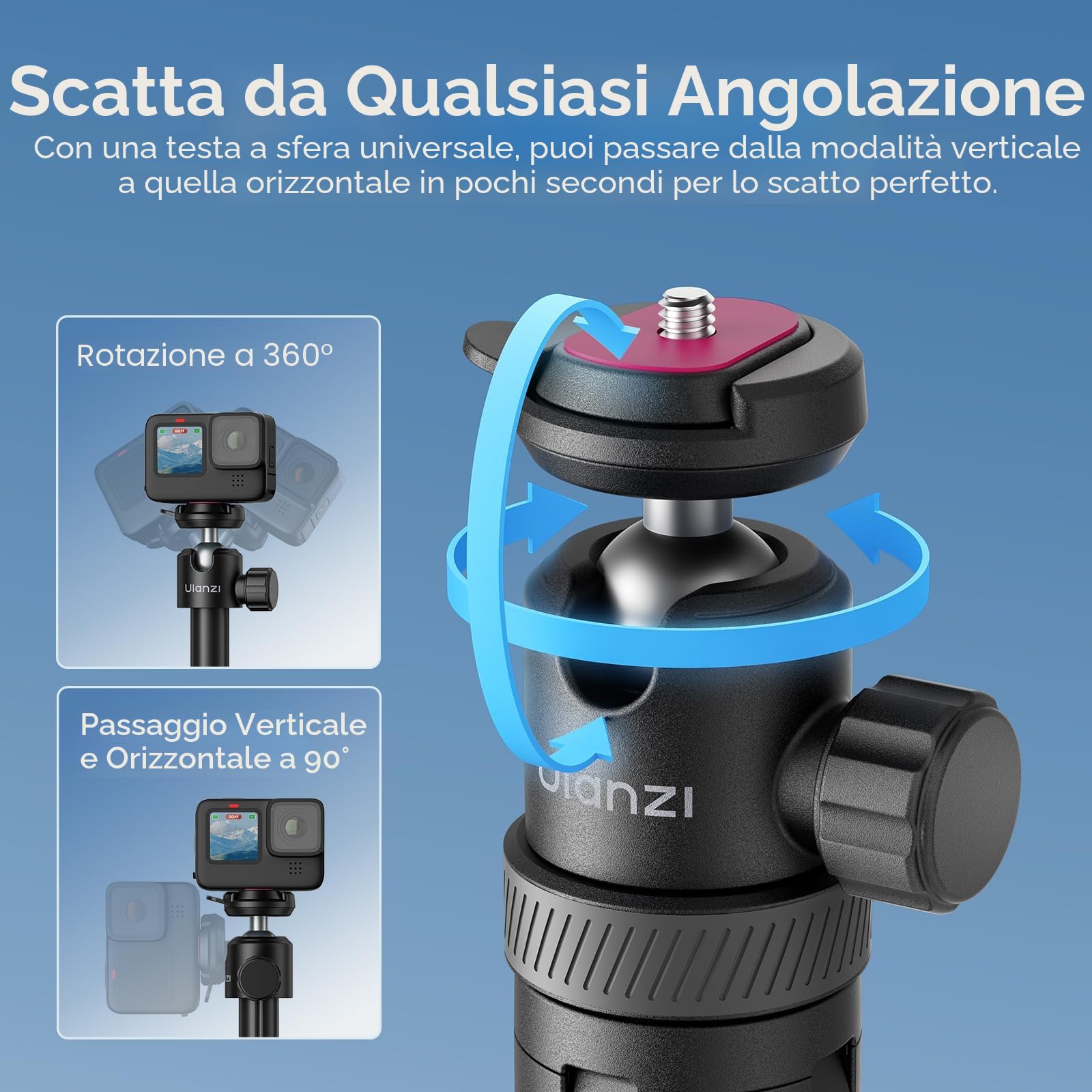 ULANZI TT24 Selfie stick treppiede 150 cm con 4 piedi, Apertura automatica, Cavalletto action cam a sgancio rapido CKA, Carico 1 kg, Compatibile con Insta360 ace pro X3 4 5, DJI Pocket Action, Go pro