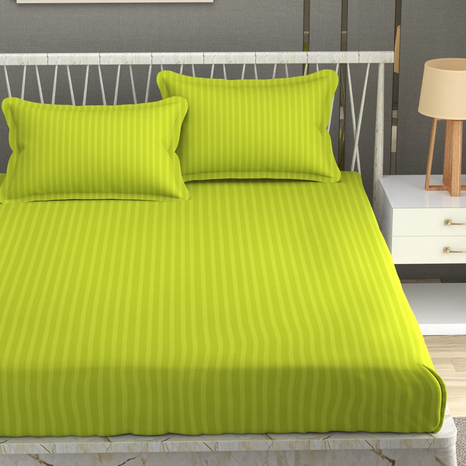 BLISSFUL HOME FURNISHING Cotton Blend Plain Stripe Elastic Fitted King Size Bedsheet With 2 Pillow Cover (90 *100 Inch Double Bed, Green) (B09GBD9LHZ) Amazon Price History, Amazon Price Tracker