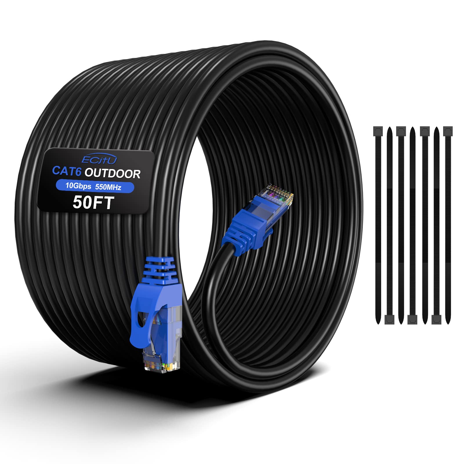 50FT Cat6 Outdoor Ethernet Cable, In-Ground, Heavy Duty Direct Burial, 24AWG CCA Patch Cord, POE, UTP, Waterproof, LLDPE UV Resistant, Network,