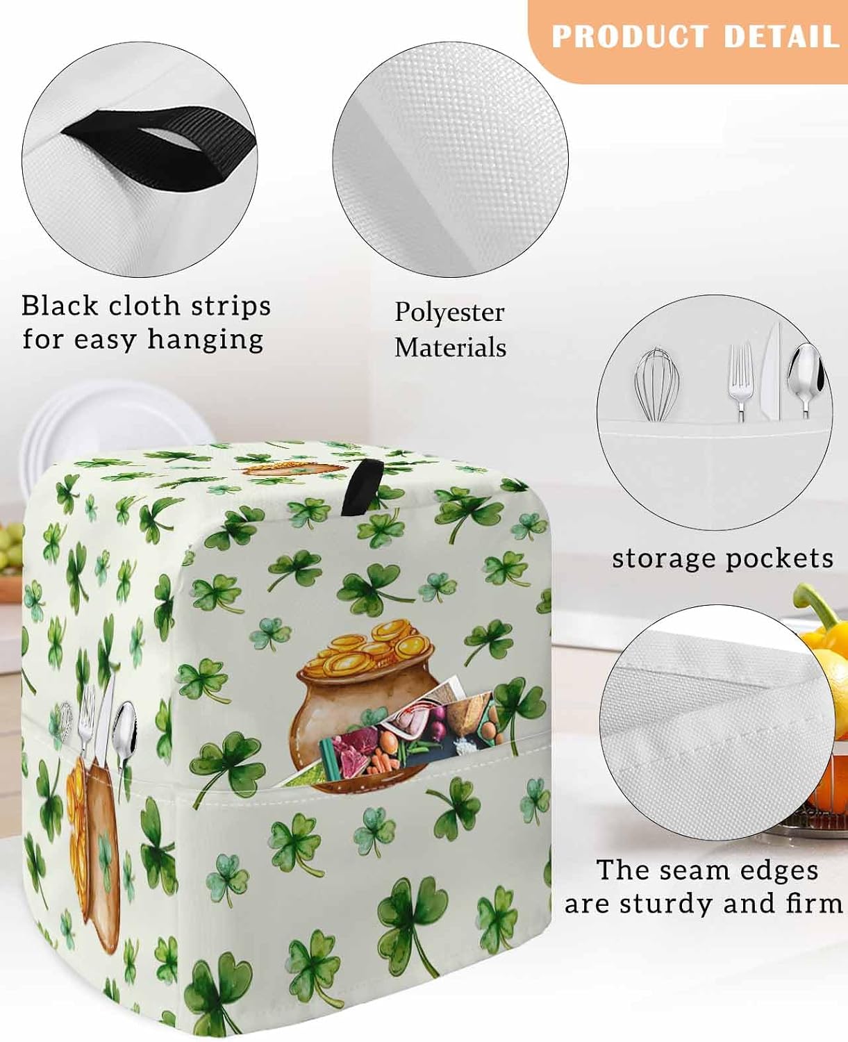 St. Patrick's Day Stand Mixer Cover with Storage Pocket, Waterproof Kitchen Mixer Covers, Spring Gold Coin Botanical Clovers Leaves Kitchen Appliance Dust Cover Compatible with 5-8 Quart Mixers