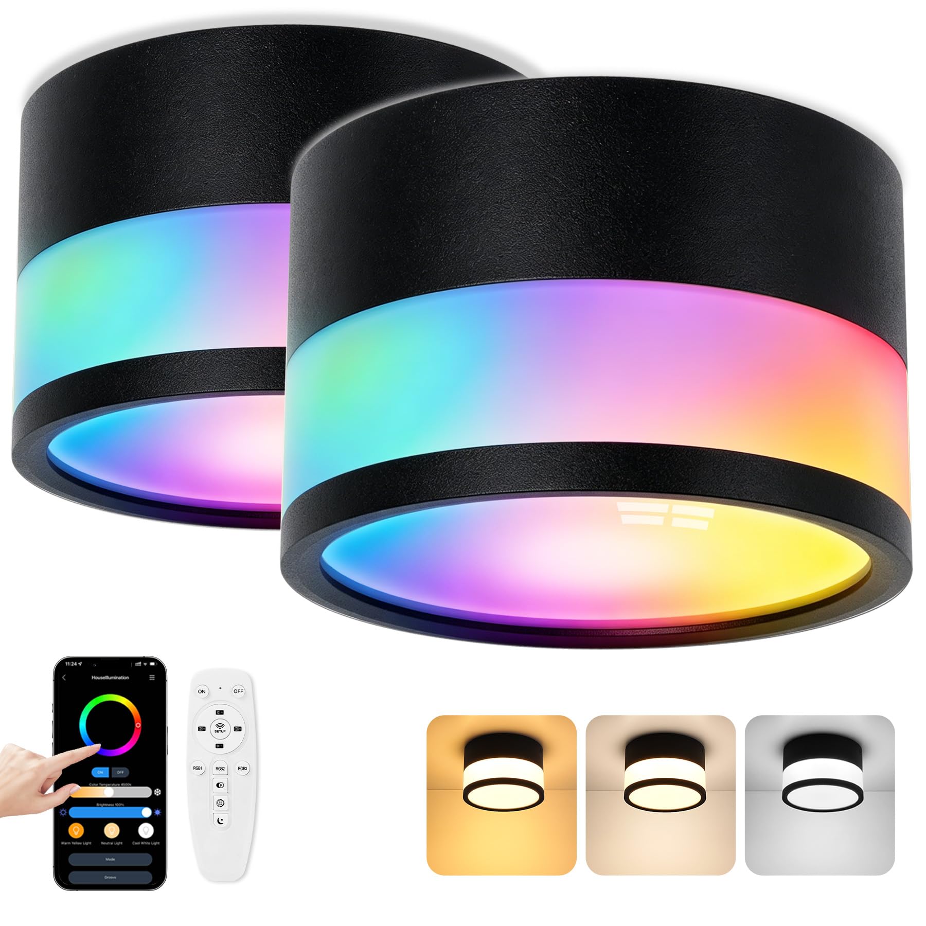 2x Faretti da Soffitto LED RGB Dimmerabile, IP65 Plafoniere Faretti led soffitto con telecomando APP, Plafoniera da soffitto 12W Nero 2700K-6500K, Piatto,Alluminio,230V,Rotonda,luce da bagno,Ø10,9cm