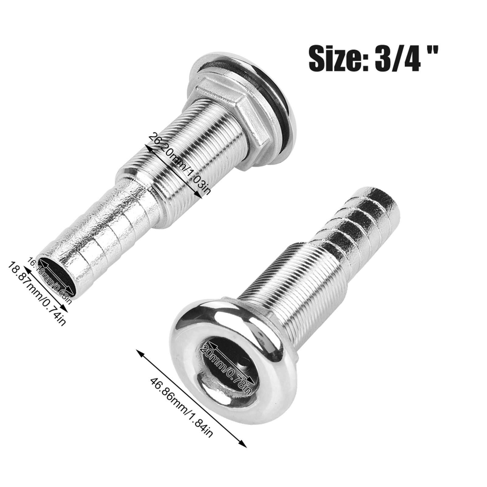Aramox Passe Coque Bateau Laiton Raccord fileté pour bateau, 3/4"en acier inoxydable passe-coque raccord tuyau Barb Marine Barbed Hose Thru Drain, argent