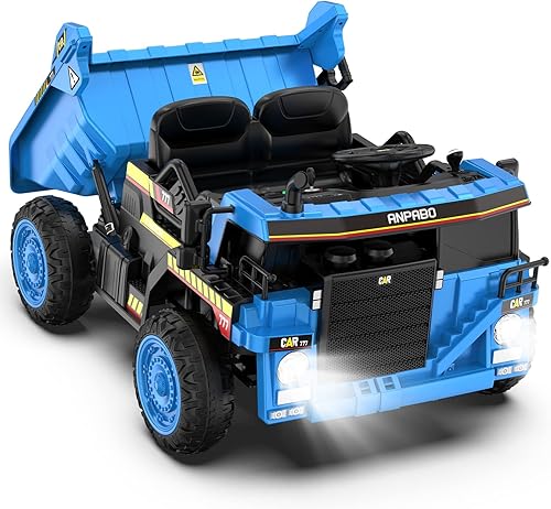 ANPABO Camión volquete de 12 V con control remoto, cama eléctrica y pala extra, vehículo de construcción con reproductor de música, arranque clave