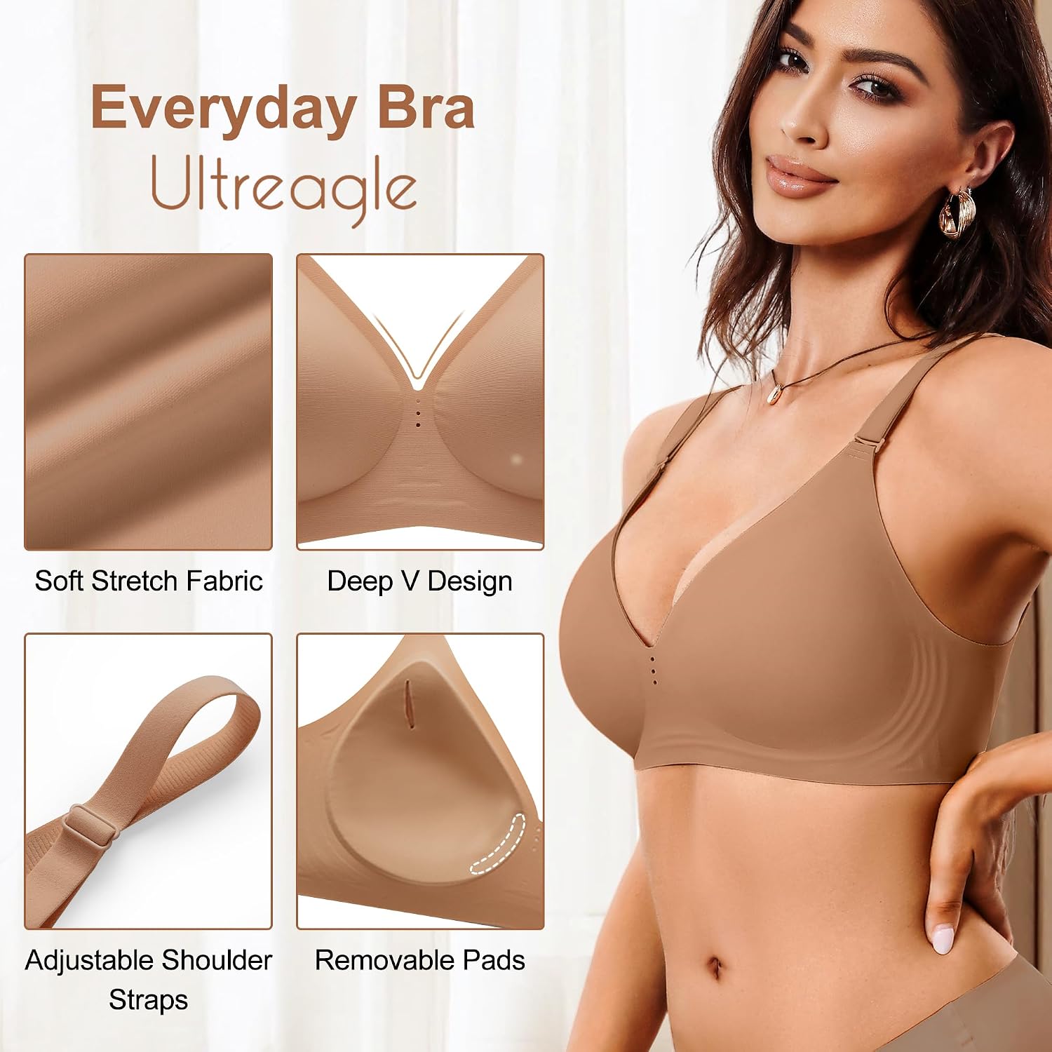Wireless and Seamless Jelly Bra for Women - No Underwire Push Up Deep V Bras for Womens - Back Support Sports Bralette