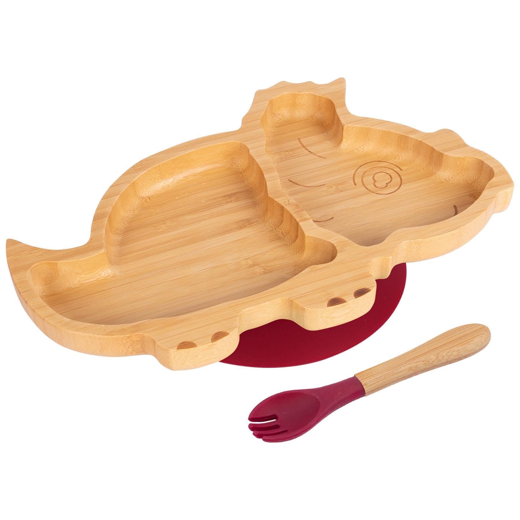 Tiny Dining Baby Fork & Plate with Suction Cup - Dinosaur - 2pc - Red - Divided Non-Slip Bamboo Self-Feeding Weaning Plate & Cutlery for Babies, Toddlers, Children