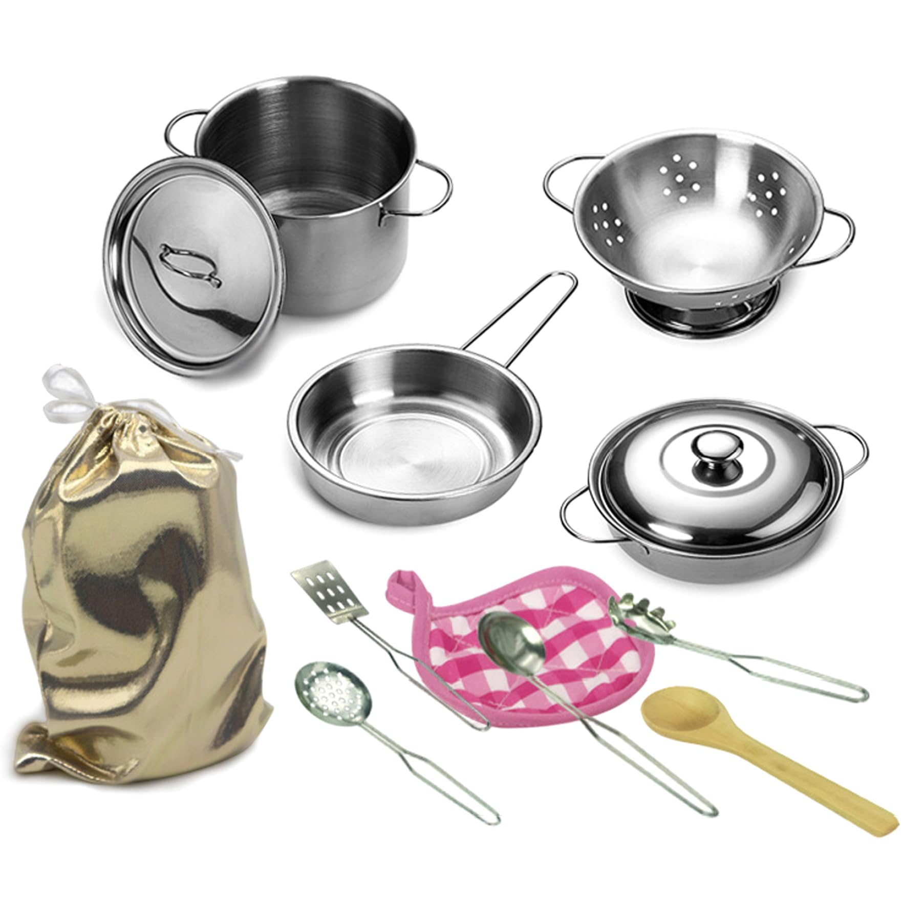 Set di pentole e padelle da gioco in acciaio inossidabile 12 pezzi/set – Fingi utensili da cucina con custodia per bambini
