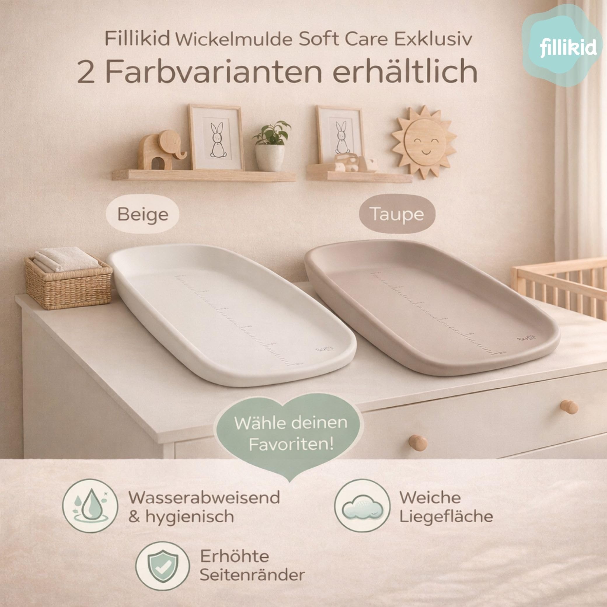 Fillikid Wickelmulde Soft Care Exklusiv 72x45 cm | Abwaschbare Wickelauflage aus EVA | Weiche Liegefläche mit erhöhtem Rand | Pflegeleicht & hygienisch | Modernes Design für Babyzimmer, ab Geburt