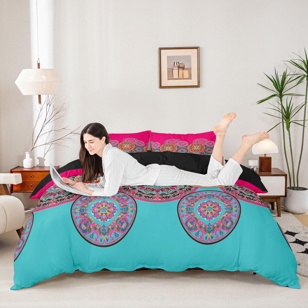 Erosebridal Bohemian Duvet Cover Sets Boho Exotic Style Bedding Coverset Boho Bedding Set Blue Red Floral Bedspread Set Printing Microfiber Comforter Cover Twin Size