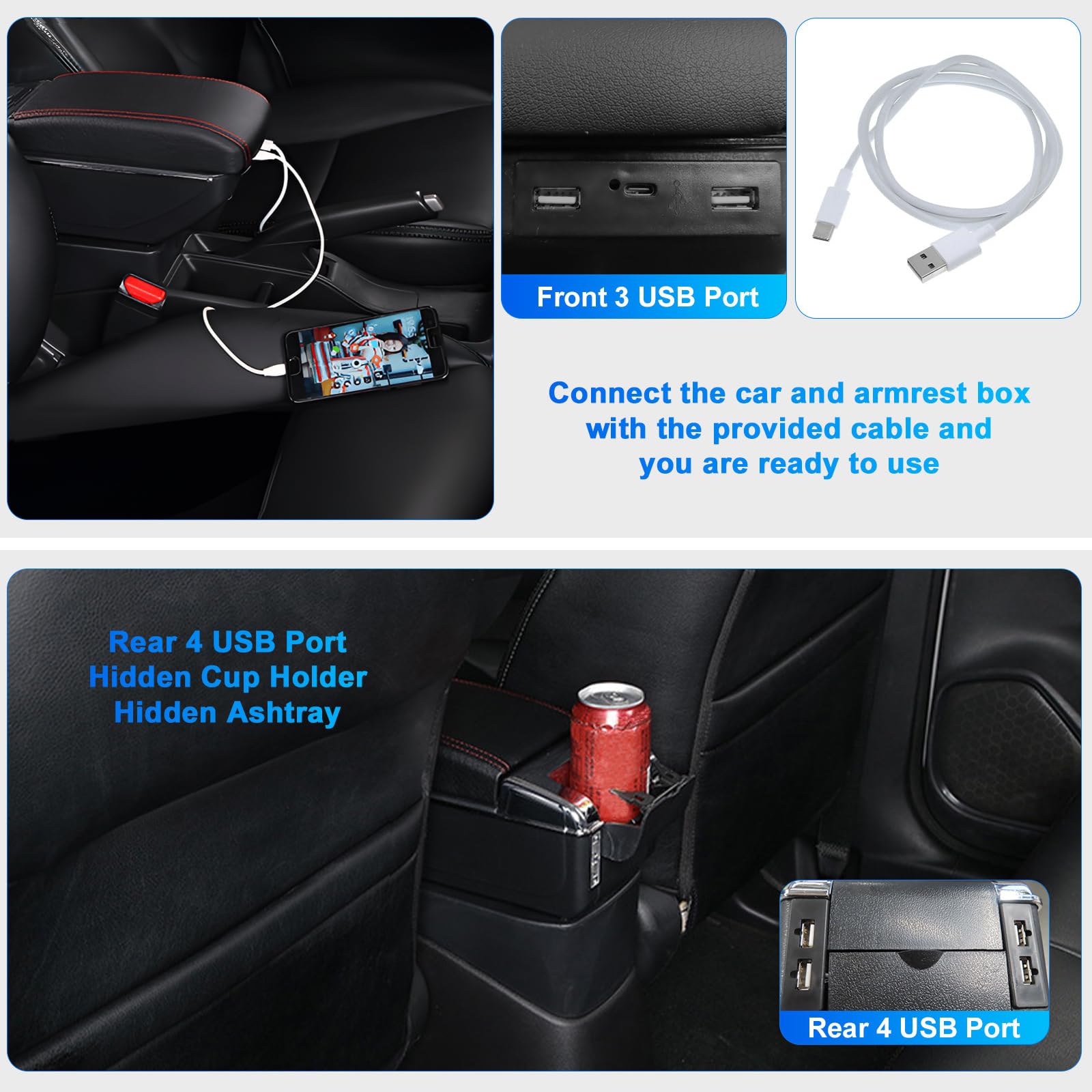 Bracciolo scatola compatibile con Opel/Vauxhall Astra H 2004-2009, con 7 USB, scatola portaoggetti a doppio strato in pelle nera - Linea rossa