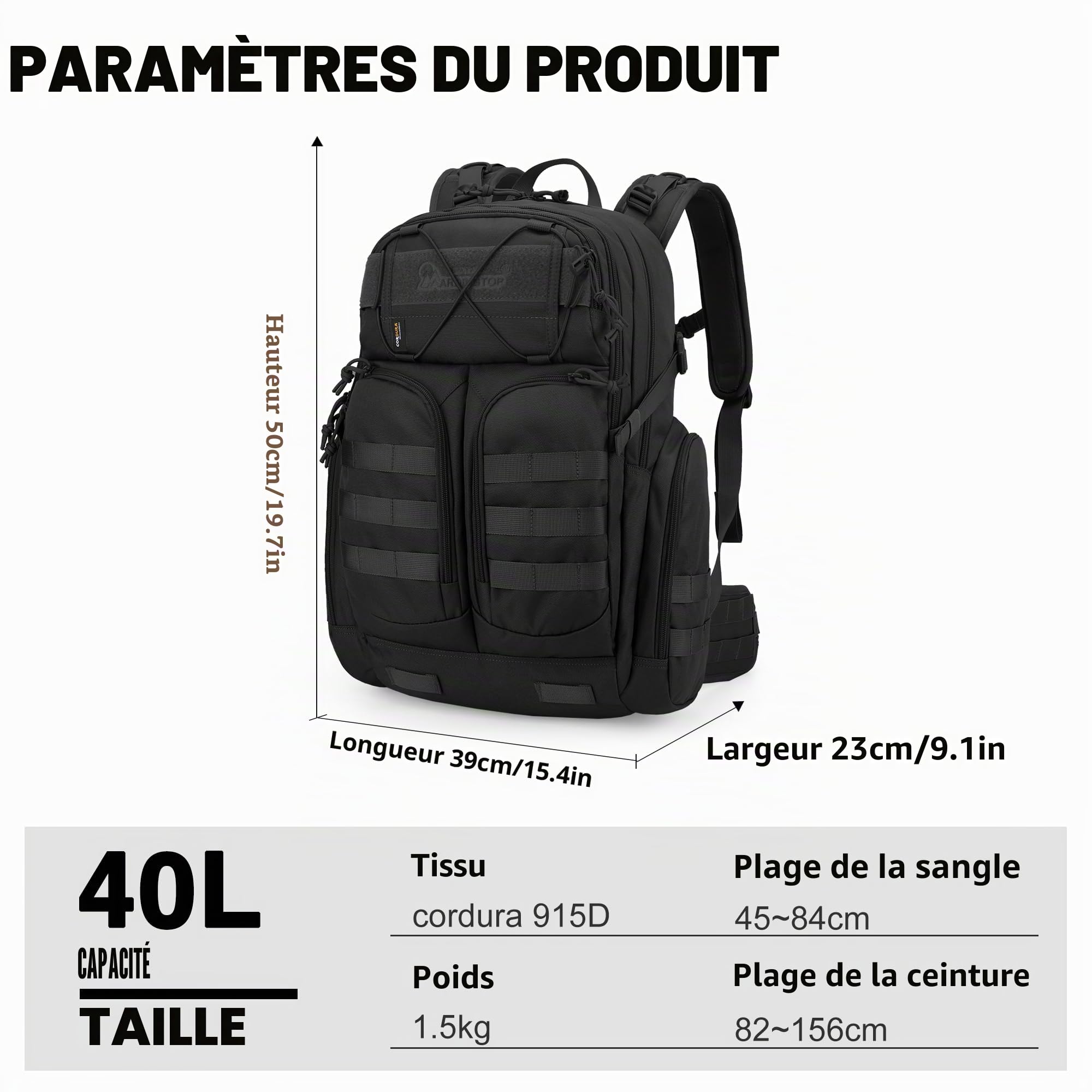 Mardingtop Sac à dos militaire Molle 40 l - Sac à dos de randonnée - Sac à dos tactique - Sac à dos en Cordura pour homme - Pour la randonnée, l'alpinisme, la survie