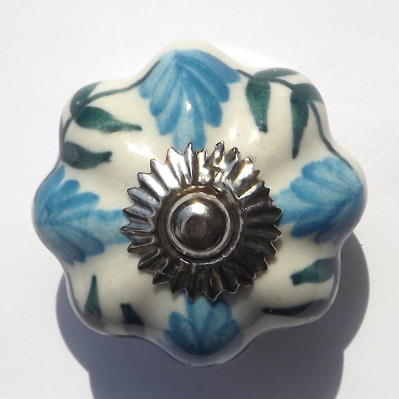 White Flower with Blue and Green Foliage (Chrome Fittings) Ceramic Cupboard Door knobs Drawer pulls Shabby Chic Handle Porcelain
