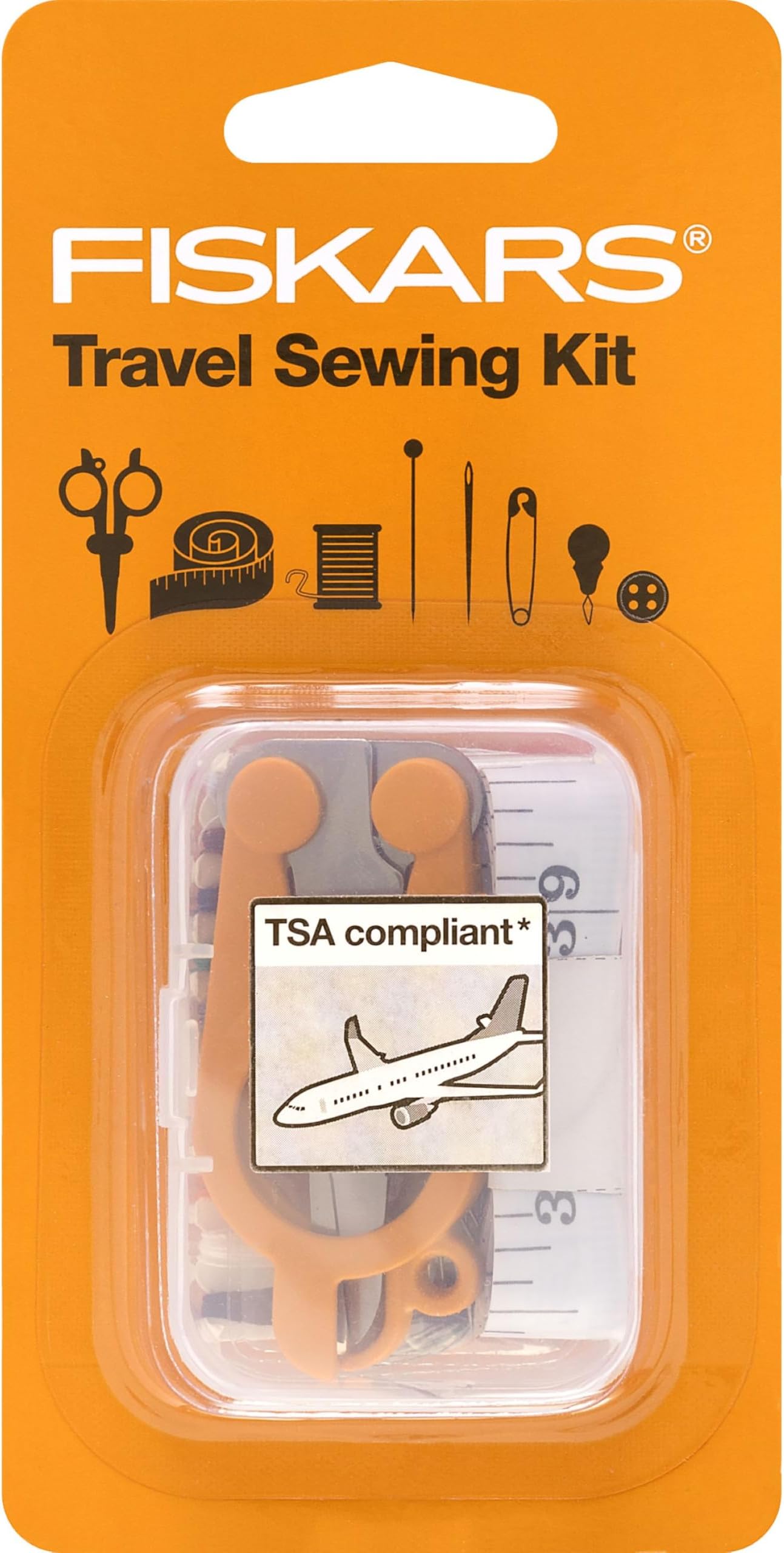 Fiskars Compact Travel Sewing Kit, TSA compliant Folding Scissors, 27-Piece Repair Set for Buttons and Hemming, Threads, Needles, 39” Measuring Tape, Small Size for Purses and Carry on, Orange