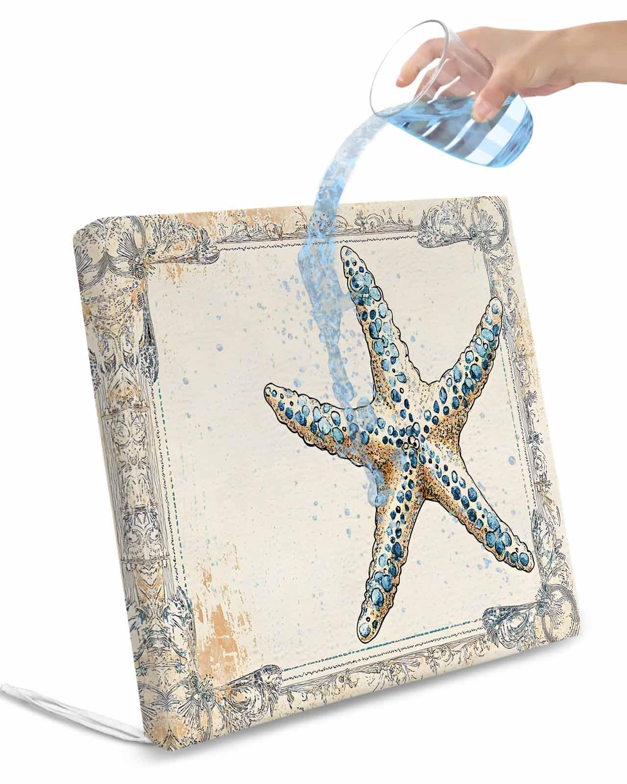 2 Pack Beige Blue Coastal Waterproof Cushion Covers with Ties, Outdoor Patio Chaise Lounge Chair Seat Cushion Slip Covers Replacement(Only Cover) Summer Ocean Vintage Starfish 24