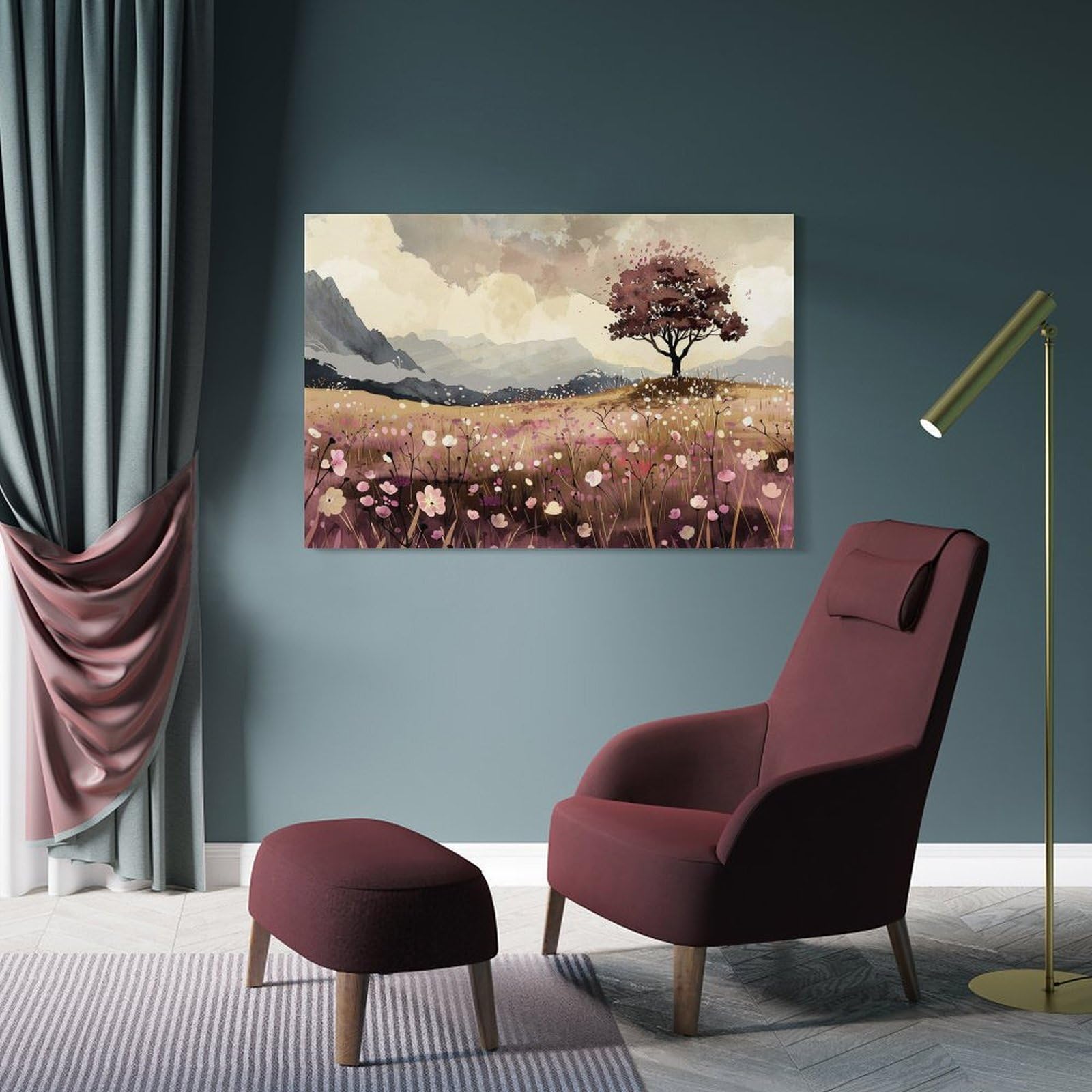 Amazon.co.jp: 絵画 山のふもとの野原と花と木々インテリア 絵画 植物