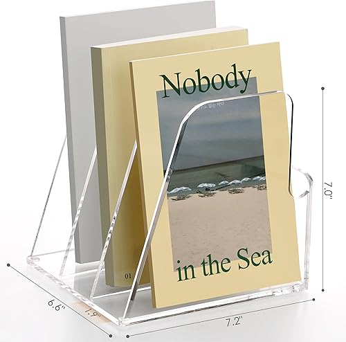 Miniatura 5 de SANRUI Organizador de escritorio de acrílico transparente, soporte para archivos de revistas con 3 secciones verticales, estante para revistas,