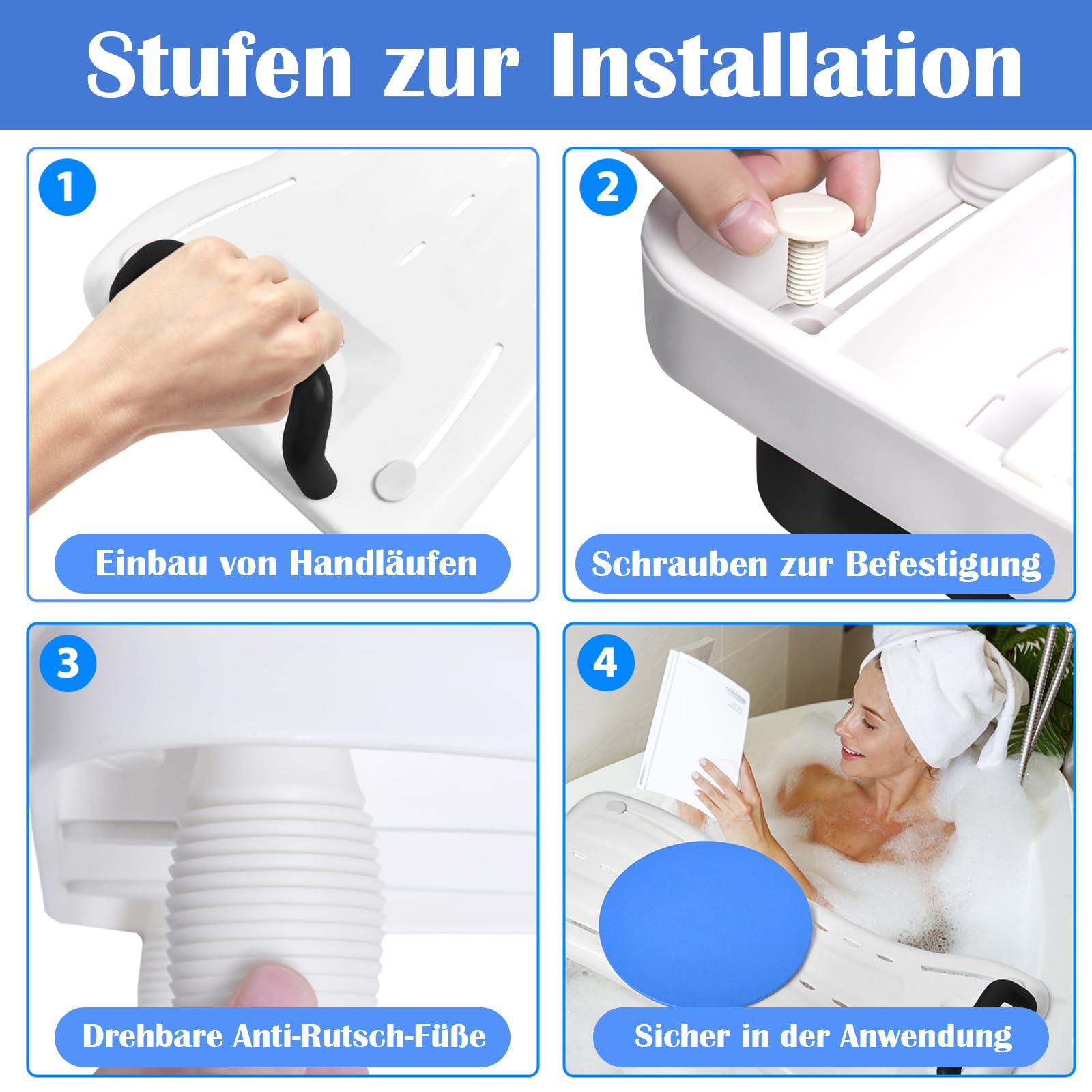 Badewannenbrett Badewannensitz Senioren mit 360º Drehscheibe und Schwarz Griff, Einstellbar Wannensitz PP-Material Sitzbrett für Badewanne mit Seifenablage für Erwachsene bis 150kg