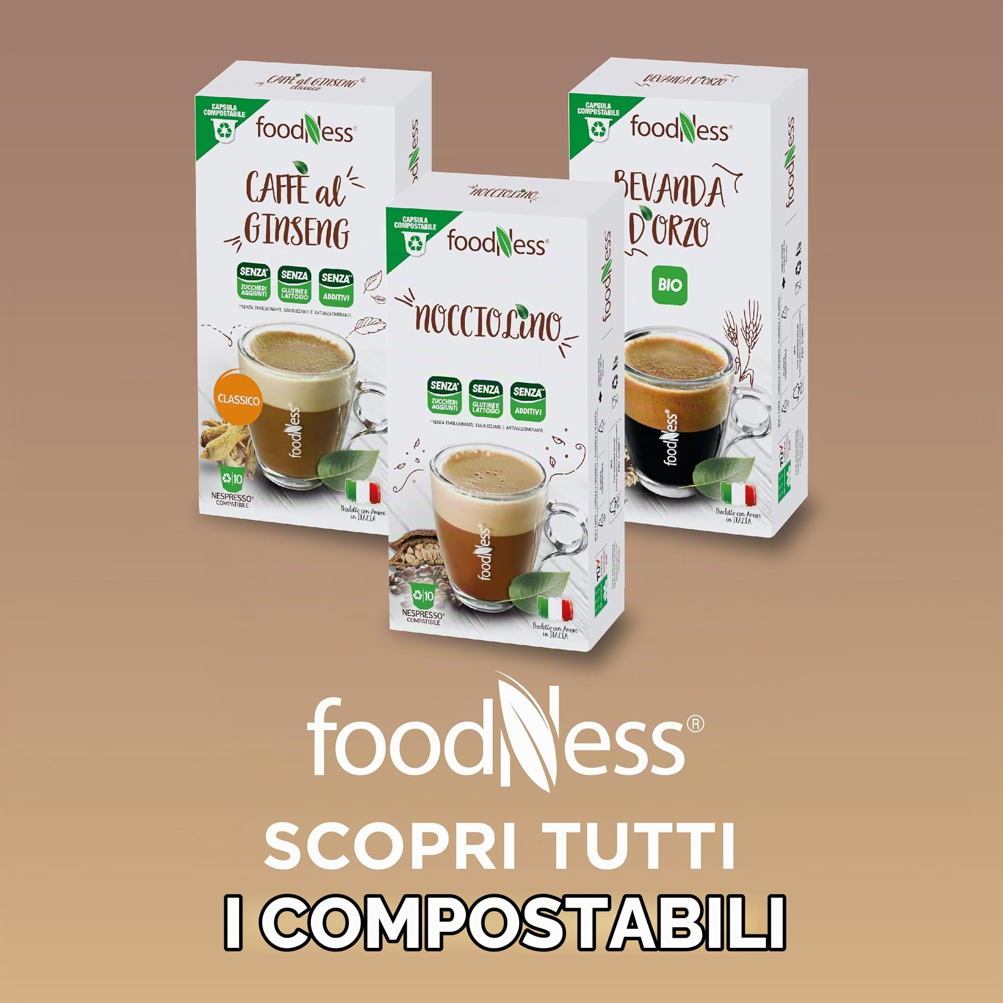 foodNess - 10 Box da 10 Capsule di Bevanda d'Orzo BIO, Capsule Compatibili con Sistema Nespresso, Bevanda Naturalmente senza Caffeina, Lattosio, Grassi Idrogenati e Zuccheri Aggiunti