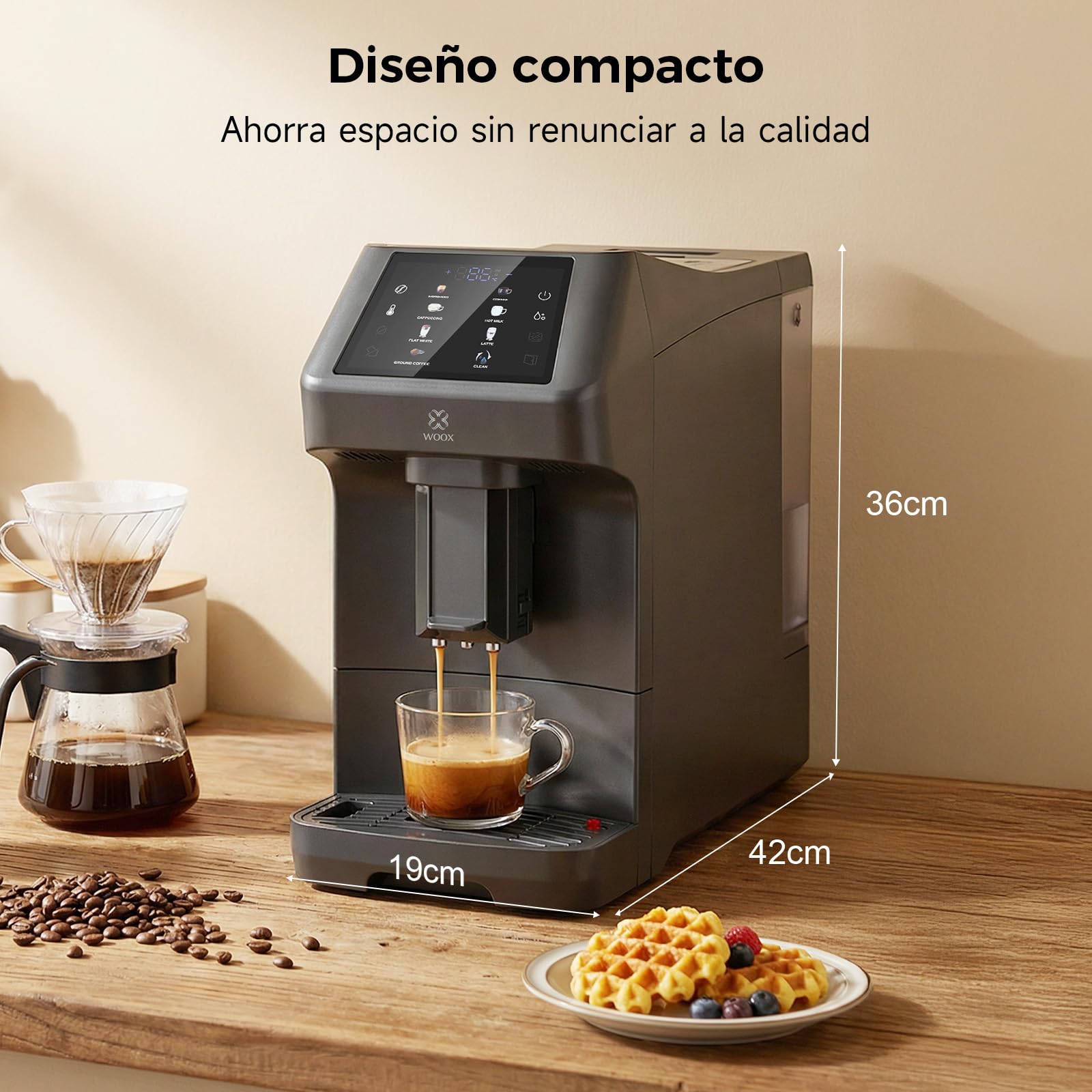 Woox Cafetera Superautomática de 20 Bares – Máquina de Café con Molinillo y Espumador de Leche, Tanque 1,5L, One-Touch, Autolimpieza, Cafetera Profesional para Hogar y Oficina