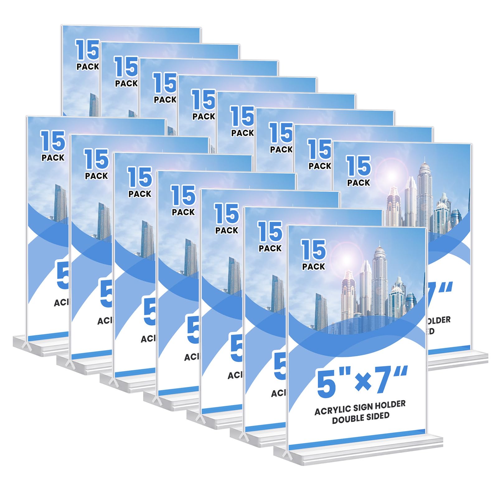 Acrylic Sign Holder, 5x7, 15 Pack Vertical Clear Table Menu Display, Double Sided, Plastic Stand, Suitable for Restaurants, Office, Store, Fair