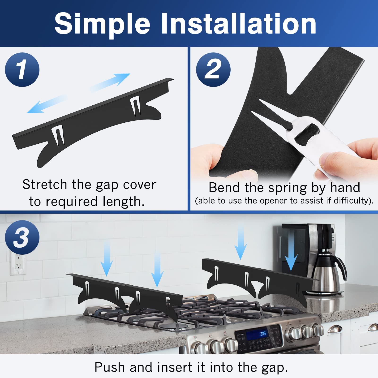 Housolution Stove Gap Covers, Stainless Steel Stove Cover, Stove Gap Filler Stretchable from 14.6" to 29", 2 Packs Kitchen Range Trim Kit Easy Clean Heat Resistant, Stove Counter Gap Cover, Black
