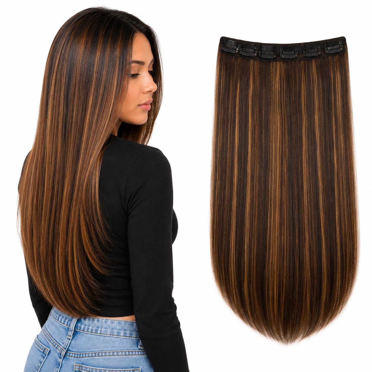 Glorious Hub® 24 Inch Imported Synthetic Clip In Hair Extensions, 5 Clips Instant Volume and Length Piece for Women and Girls Real Like Human Hair (Brown with Golden Highlights 4#27 Curly/Wavy)-image-26