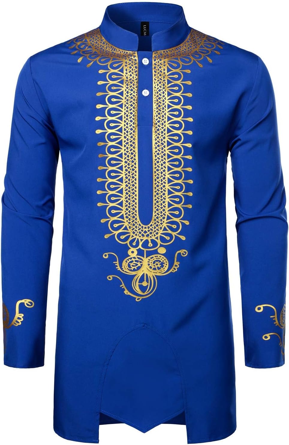 LucMatton Men's African Attire Dashiki Metallic Foil Print Long Sleeve Shirts Mandarin Collar Shirt