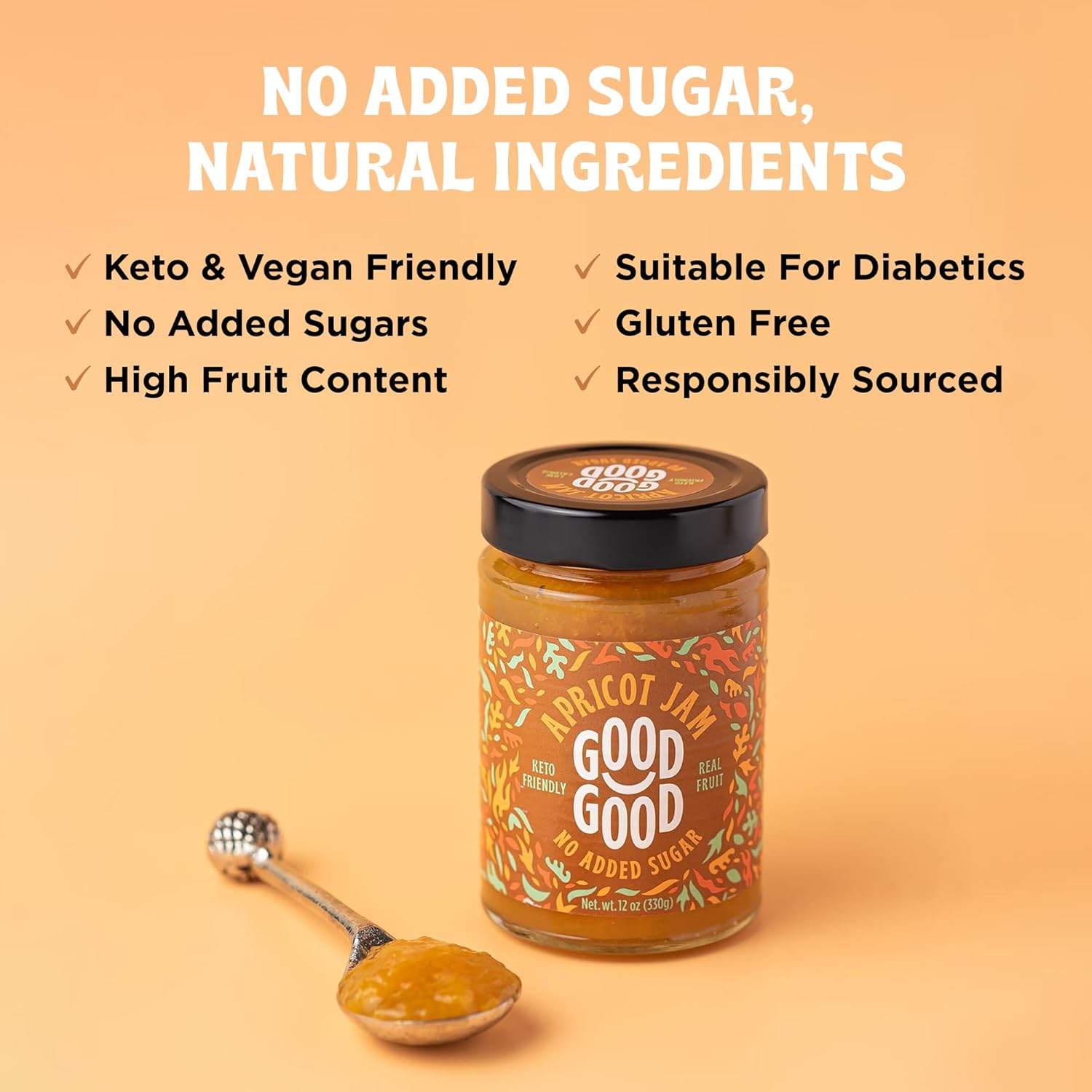 GOOD GOOD Apricot Jam - No Added Sugar - Low Calorie - Gluten Free and Vegan - Diabetic and Keto Friendly - 12oz / 330g (Pack of 4)