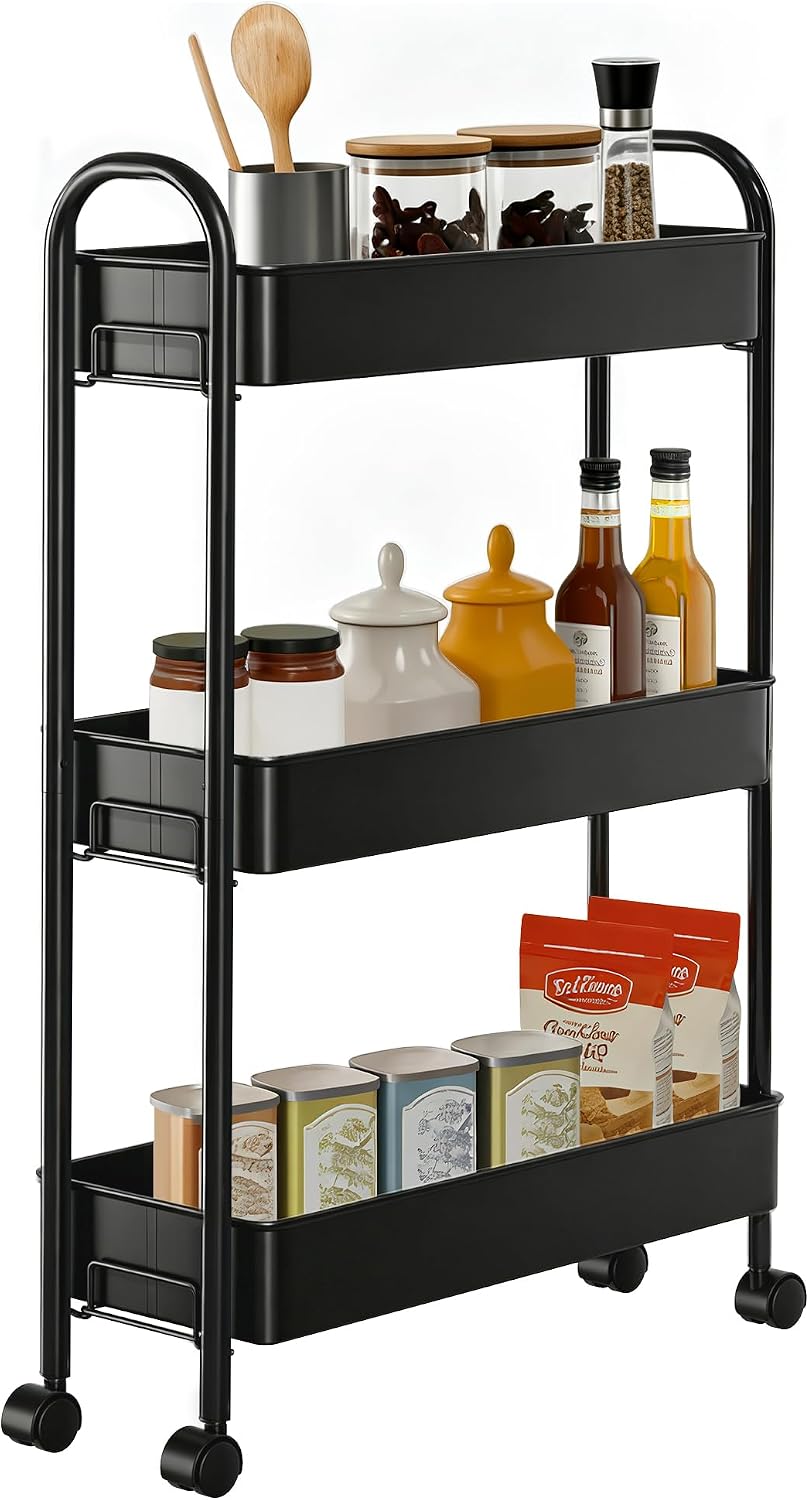 Slim Rolling Cart, Metal Frame Utility Rolling 3-Tier Narrow Storage Cart