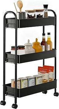 Slim Rolling Cart, Metal Frame Utility Rolling 3-Tier Narrow Storage Cart