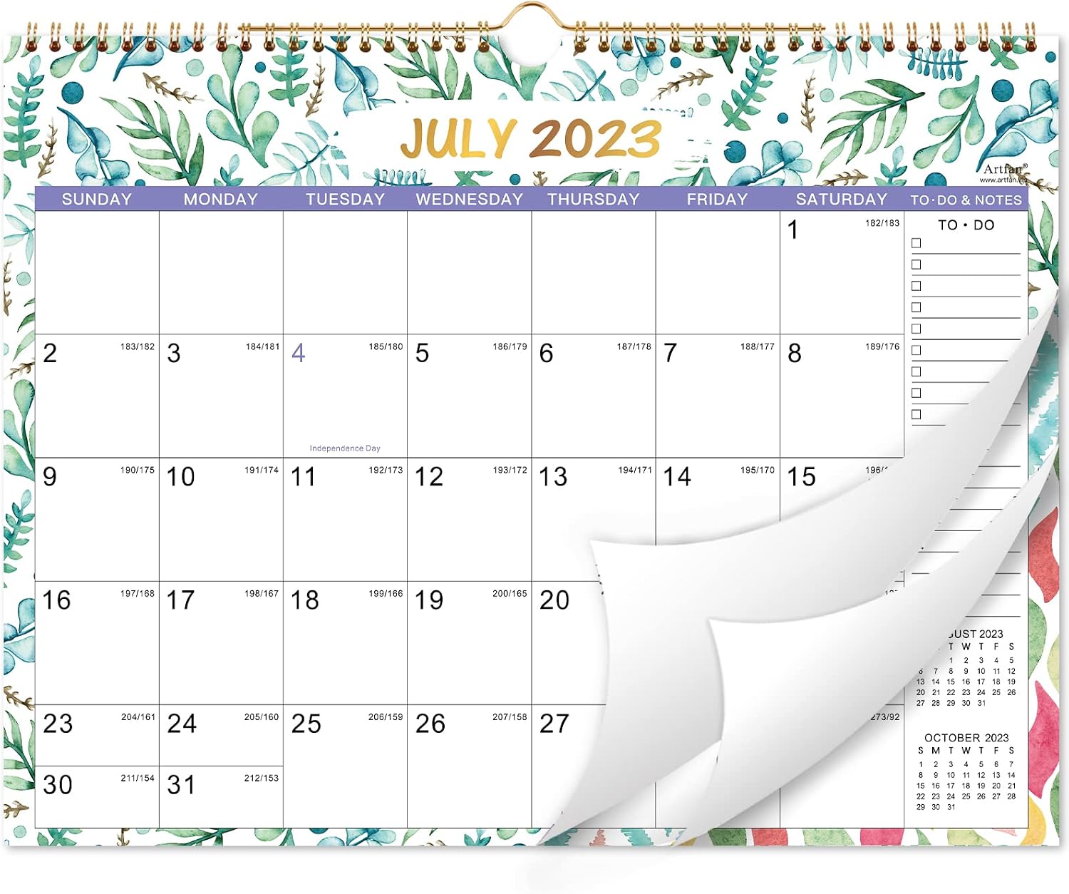 2023-2024 Wall Calendar - 2023-2024 Calendar, July. 2023 - December. 2024, 18 Monthly Calendar with Thick Paper, 15" x 11.5", Twin-Wire Binding + Hanging Hook + Ruled Blocks with Julian Date - Green Leaves