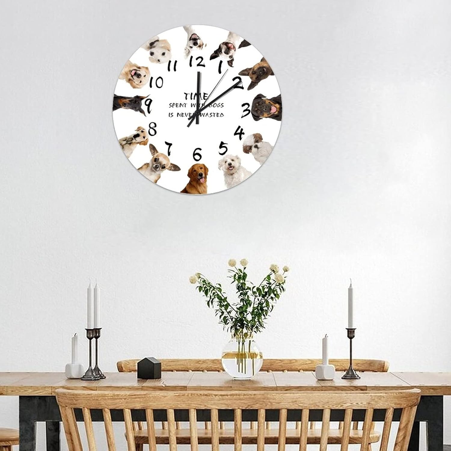 Vintage Round Wood Clock Time Spent with Dogs is Never Wasted Farmhouse Wooden Wall Clock 12 Inch Silent Non-Ticking Battery Operated Clock for Living Room Office Wall Art for Home Decor