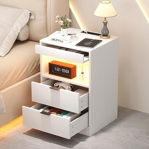 Miniatura 3 de Yusong Mesita de noche, mesita de noche, mesita de noche LED con estación de carga, moderna mesita de noche, mesa auxiliar de madera para sofá con 2