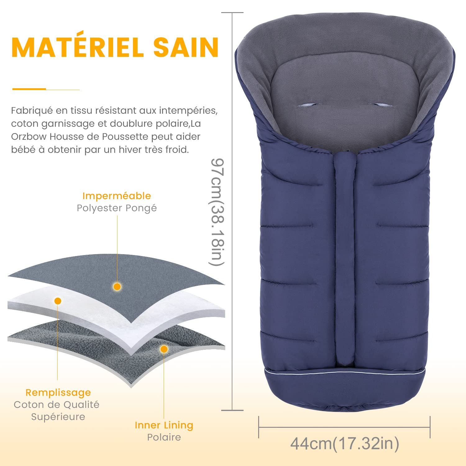 Orzbow Chanceliere Bebe Poussette, Imperméable Chanceliere Universelle Pour Poussette, Polaire Coral, Bandes Réfléchissantes, Fermeture Éclair (Bleu)