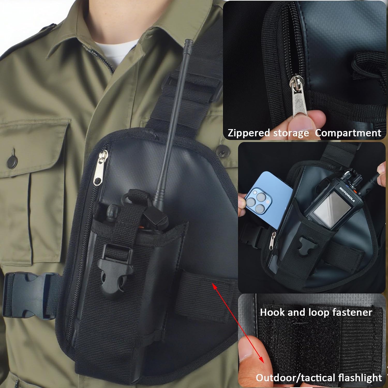 HYS Two-Way Radio Chest Harness Bag - Adjustable Hands-Free Shoulder Strap, Single Radio Pouch - for Motorola, Kenwood, Baofeng, Midland Walkie Talkies (Up to 11.6") - for Hiking, Tactical Use