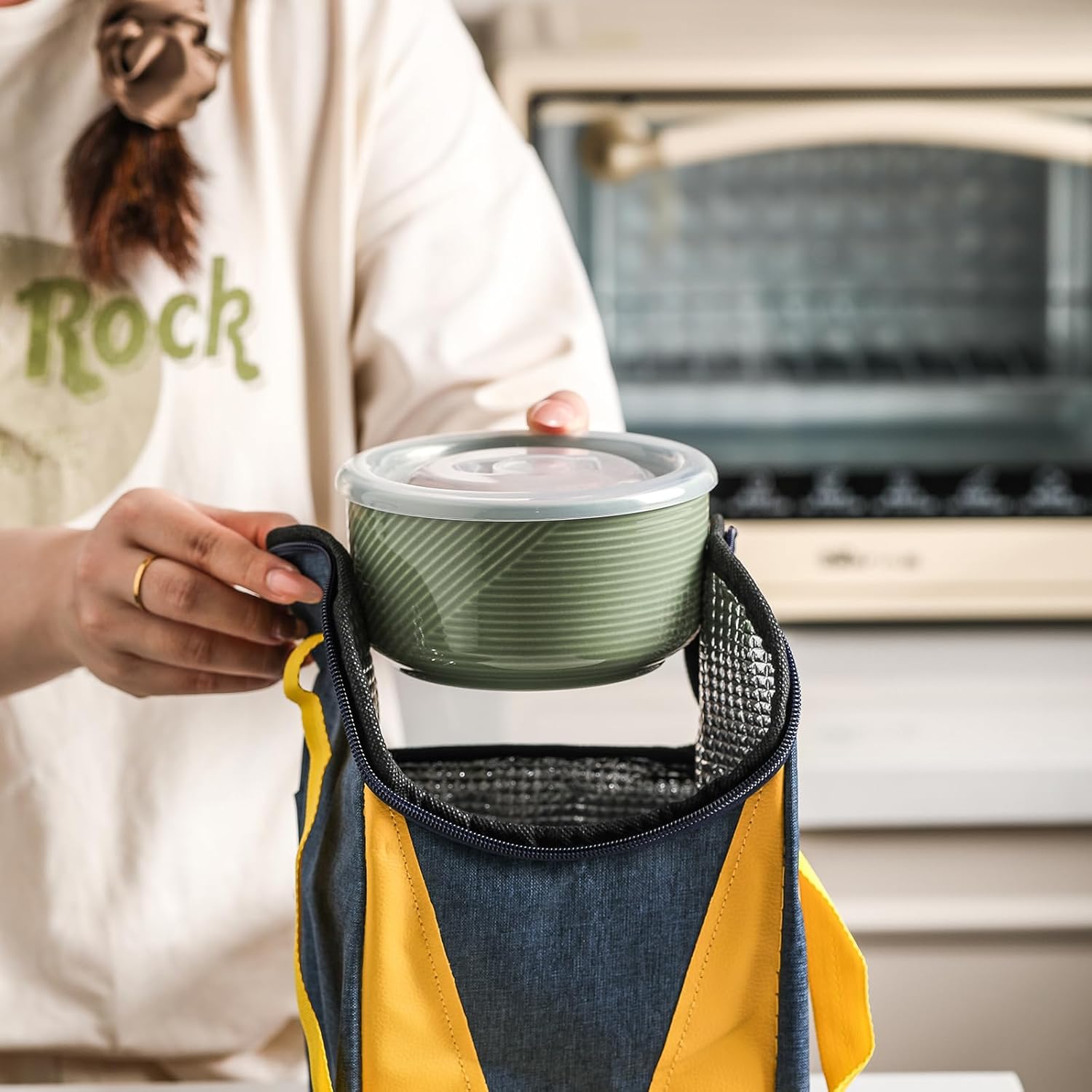 Ceramic Bowls with Lids: 20 oz Microwave Safe Food Storage Containers for Soup, Salad, Cereal, Leftovers, Meal Prep, Lunch, Picnic, Camping, Serving - Airtight, Green, Set of 4