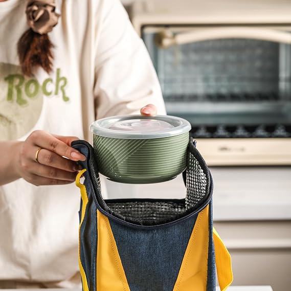 Ceramic Bowl with Lid, Microwave Safe - 20 oz Green