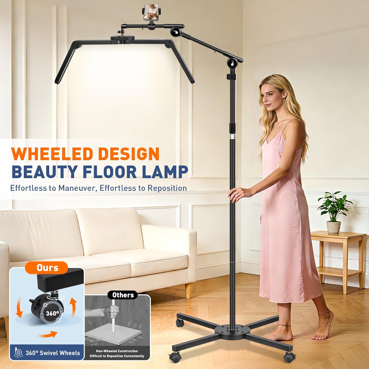 KIRKAS Half Moon Light for Eyelash Extensions Tattoo Artists, Upgrad LED Lash Tech Light with 4 Wheel Rolling Base, Large Floor Lash Lamp 3 Color Modes Stepless Dimming & Phone Holder Beauty-Balck