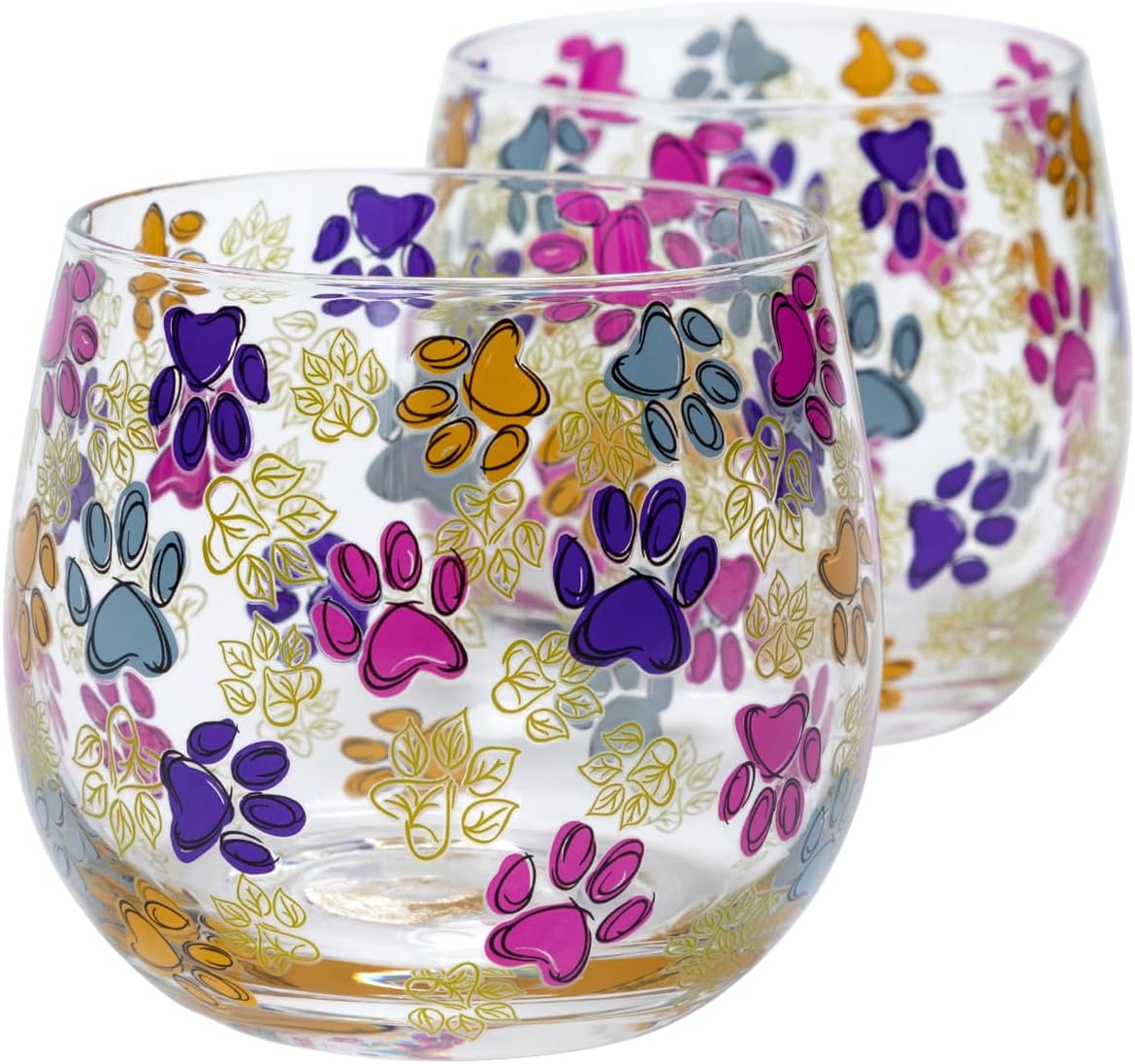 GreaterGood All Over Print No Stem Glass Wine Glasses Set of 2 Playful Cat & Paw Print Colorful Novelty Designs Cocktail Cup (Festival Pets - Cats) - Image 6