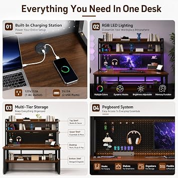 Computer Desk with Power Outlet & LED Lights
