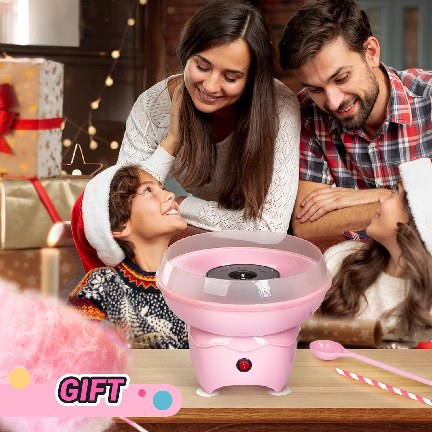 Mini Cotton Candy Maker Machine, Cotton Candy Machine with 25 Paper Sticks & Sugar Scoop, Portable Candy Floss Maker for Birthday Party (Pink)