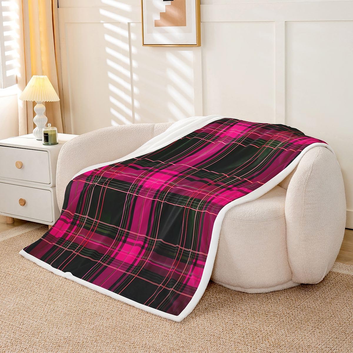 Erosebridal Geometric Plaid Grid Blanket Twin 60x80 Modern Checkered Tartan Sherpa Blanket for Bed Sofa Chair Vintage Pink Black Bedroom Decor Farmhouse Cabin Decor Fuzzy Plush Throw