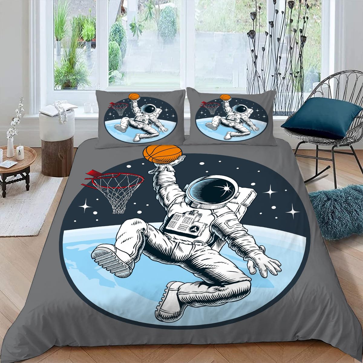 Housse de couette 140x200 astronaute et basketball avec 2 taies d'oreiller