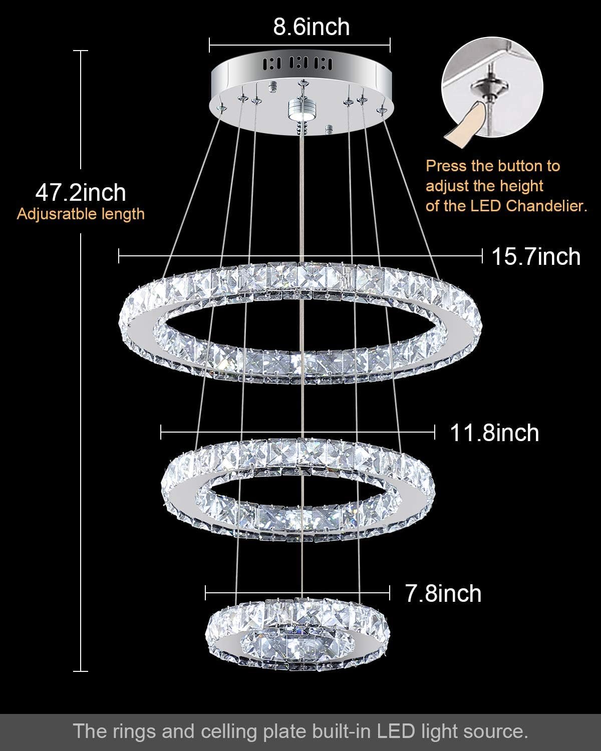 50% оƒƒ Dіѕсоunt Modern Led Chandelier High Ceiling, Led Lighting Fixtures Ceiling Hanging Contemporary Crystal Chandeliers DIY Adjustable 3 Rings Pendant Light for Living Room Bedroom Kitchen Foyer Hallway