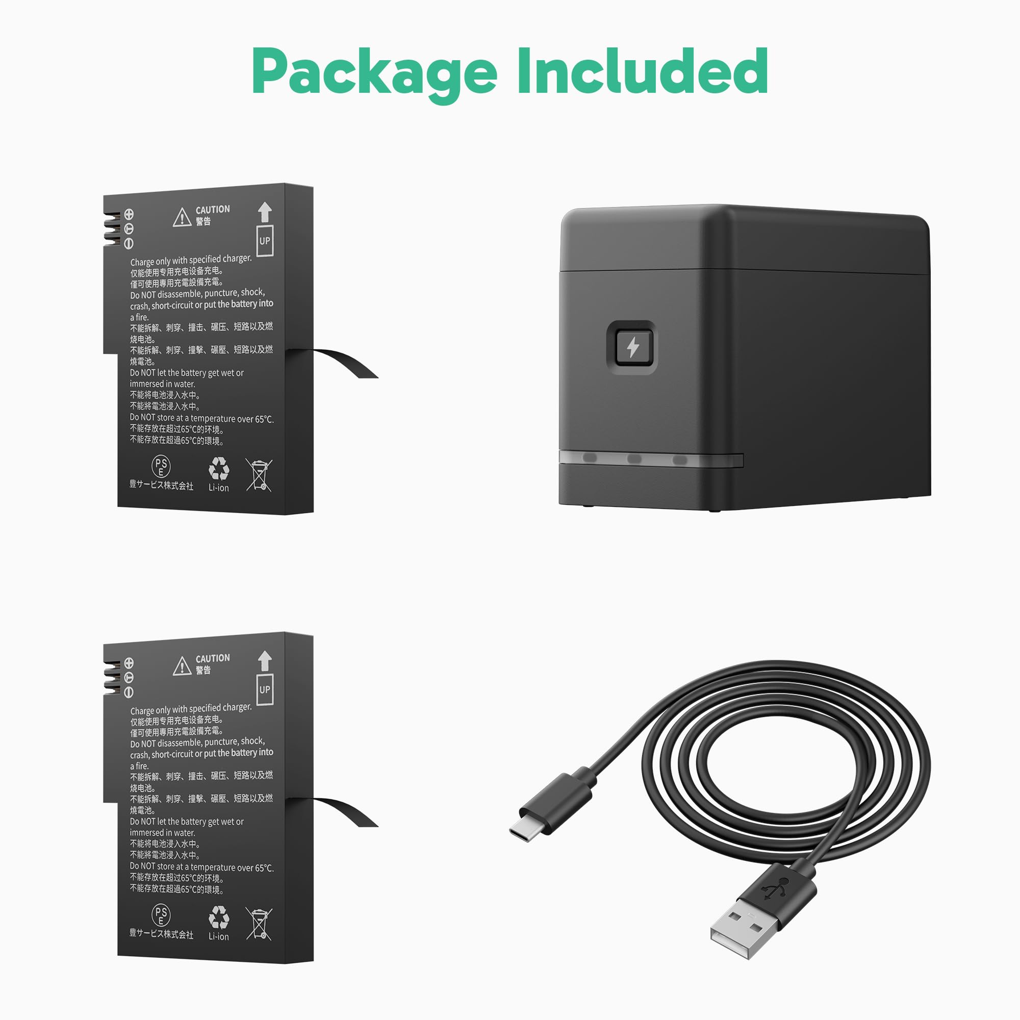 AKASO Batterie et Chargeur pour Caméra Sport AKASO 360, 2 Batteries Rechargeables de 1350mAh avec Boîtier de Charge à 3 Canaux et Emplacements pour Cartes microSD.