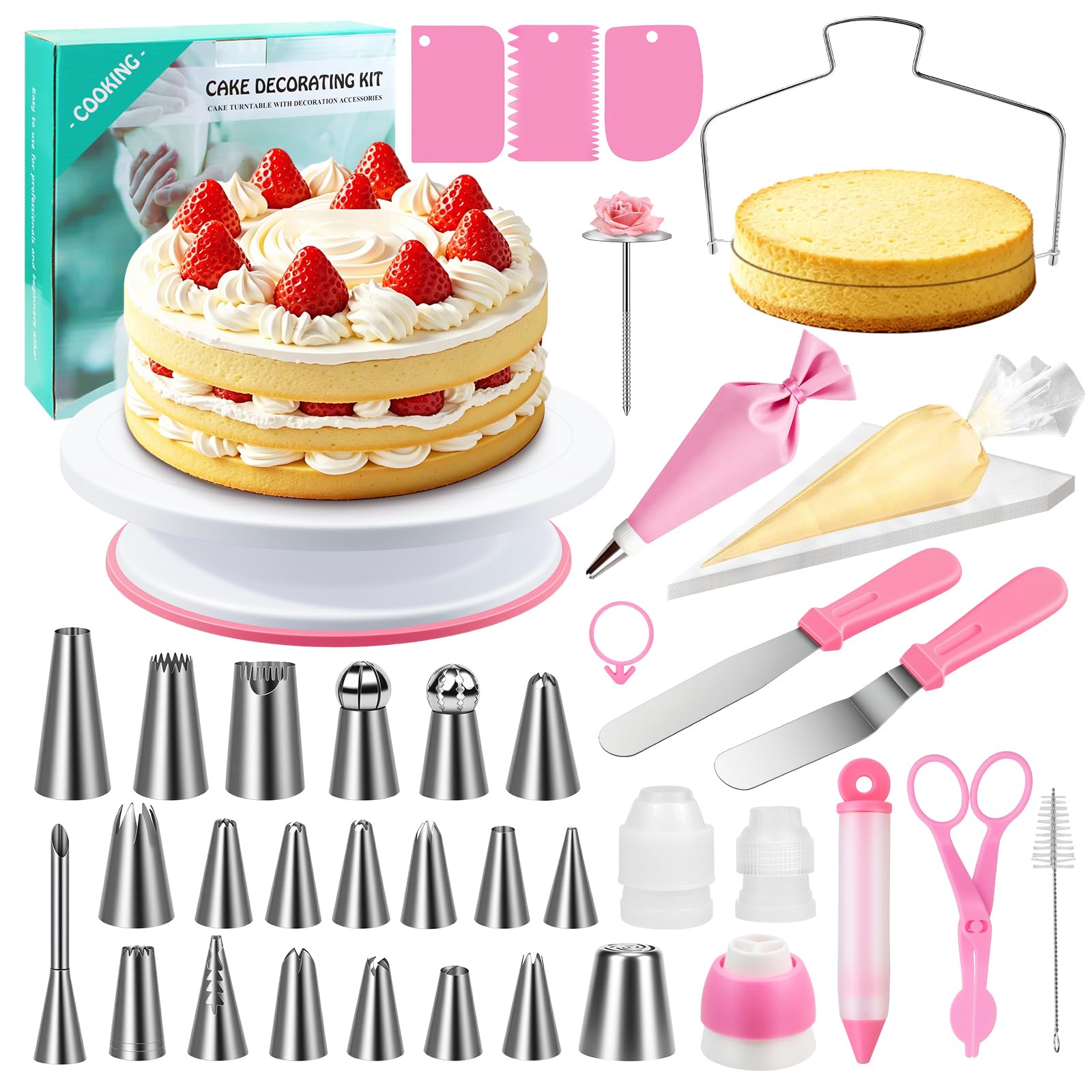 Torten Zubehör Set 61-teilig, Tortenset inkl. Tortenplatte Drehbar, Spritzbeutel mit Tüllen, Tortenschneider, Spatel, Torten Backen Zubehör für Anfänger und Profis