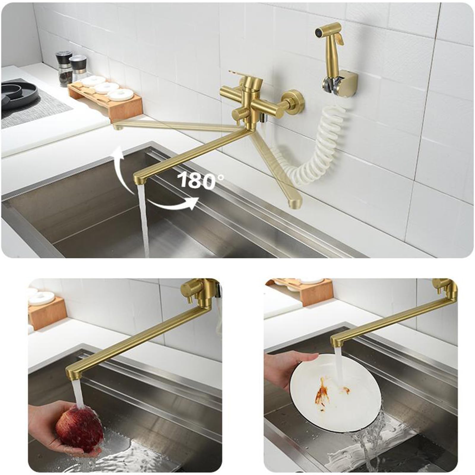 XJTNLB Wasserhahn Küche Wandmontage Ausziehbar 35cm Küchenarmaturen Wandmontage Einhebelmischbatterie Spülarmaturen Küche Edelstahl,Gebürstetes Gold