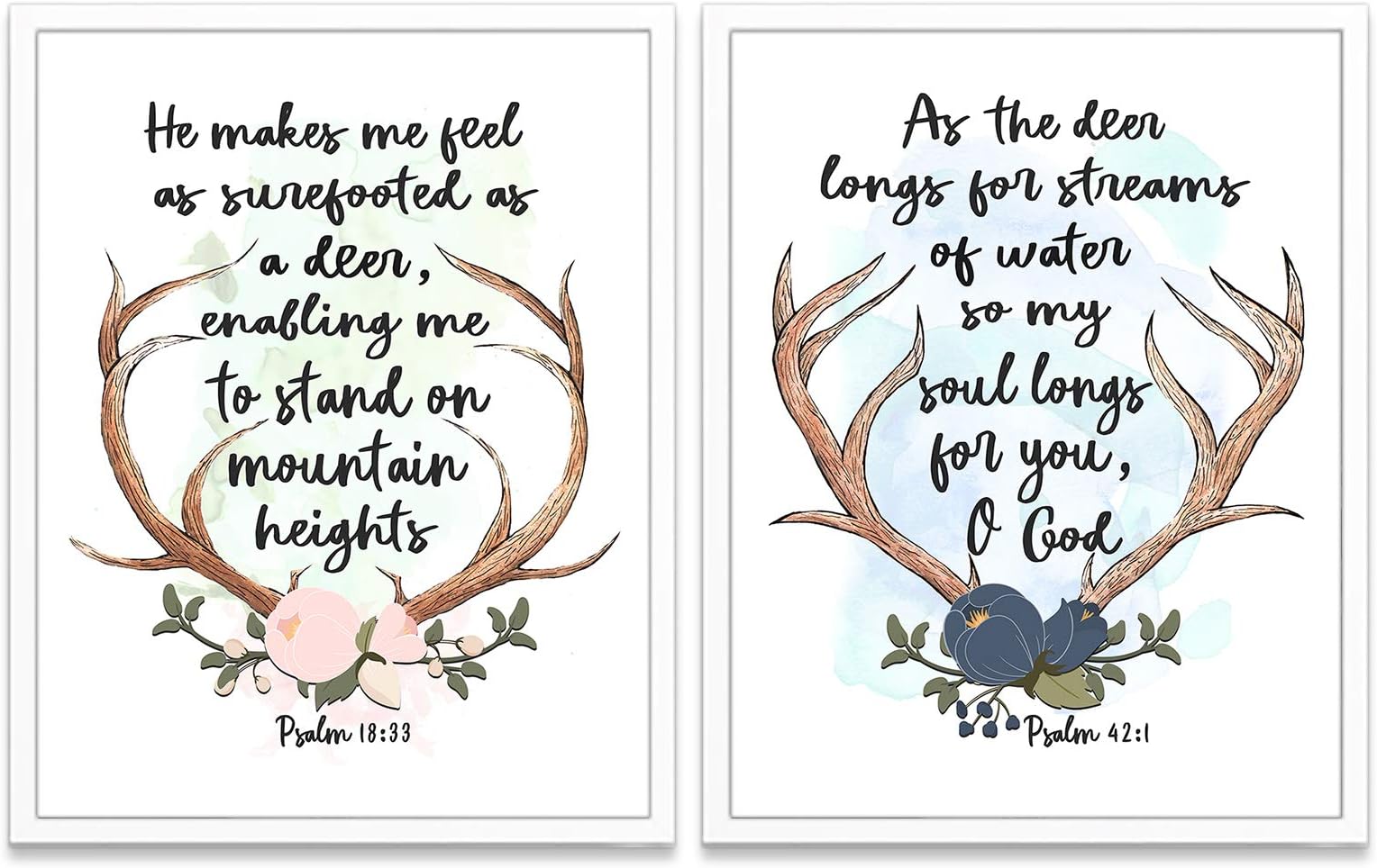Psalm 18:33 and Psalm 42:1 Christian Art Prints, Set of 2, Unframed, Bible Verse Scripture Watercolor Wall Decor Poster, Deer Antlers Art, 8x10 Inches