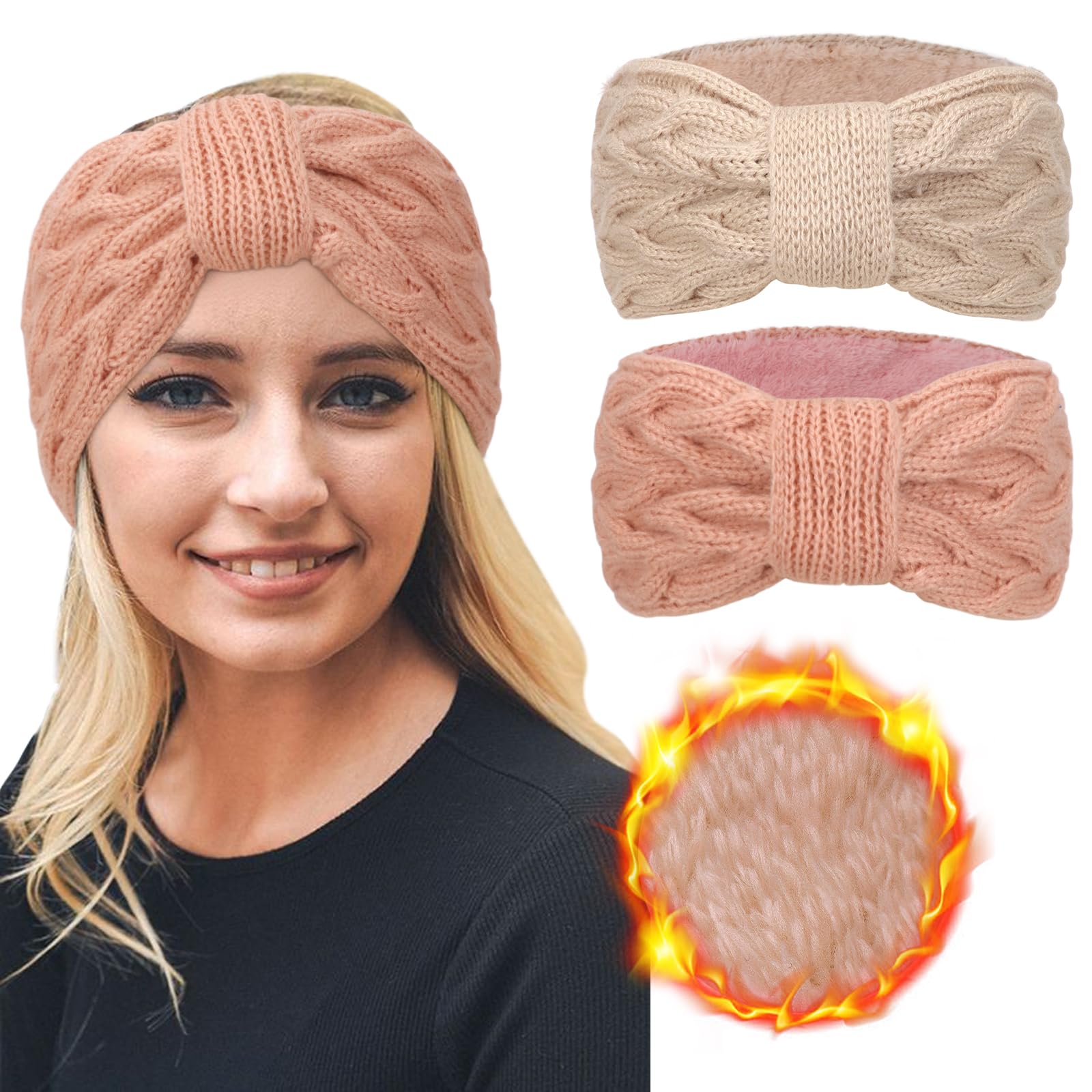 DRESHOW Stirnband Damen Winter Stirnbänder Strick, Haarband Ohrenwärmer, Dickes Fleecefutter Haarbänder Verdicken Headwrap Kopfband für Damen