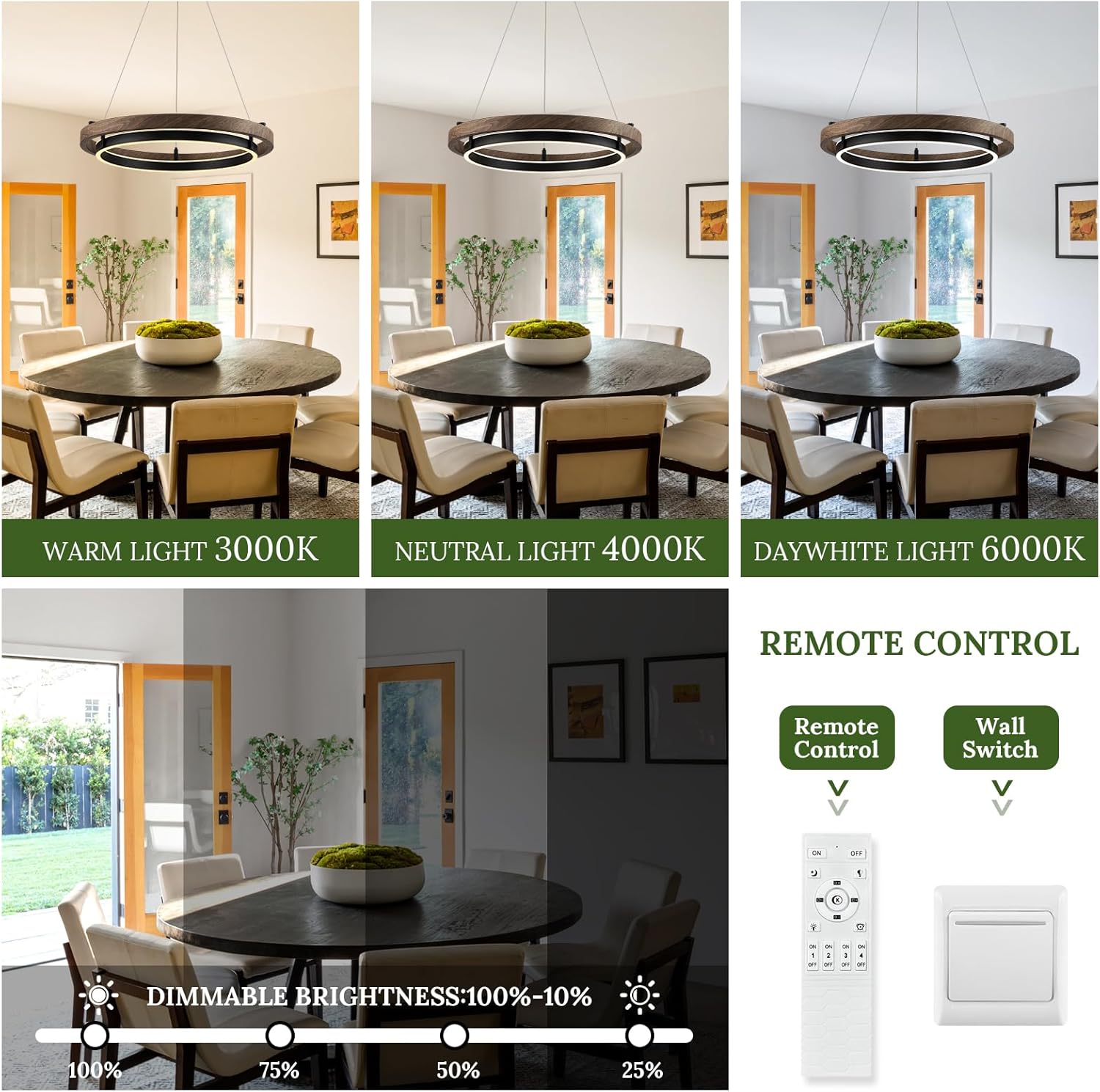 LED 2 Ring Chandelier Dimmable Up Down Light Black Chandelier Round Foyer Chandeliers Light Walnut Wood Black Circular Chandeliers for Dining Room Entry Bedroom Office Living Room