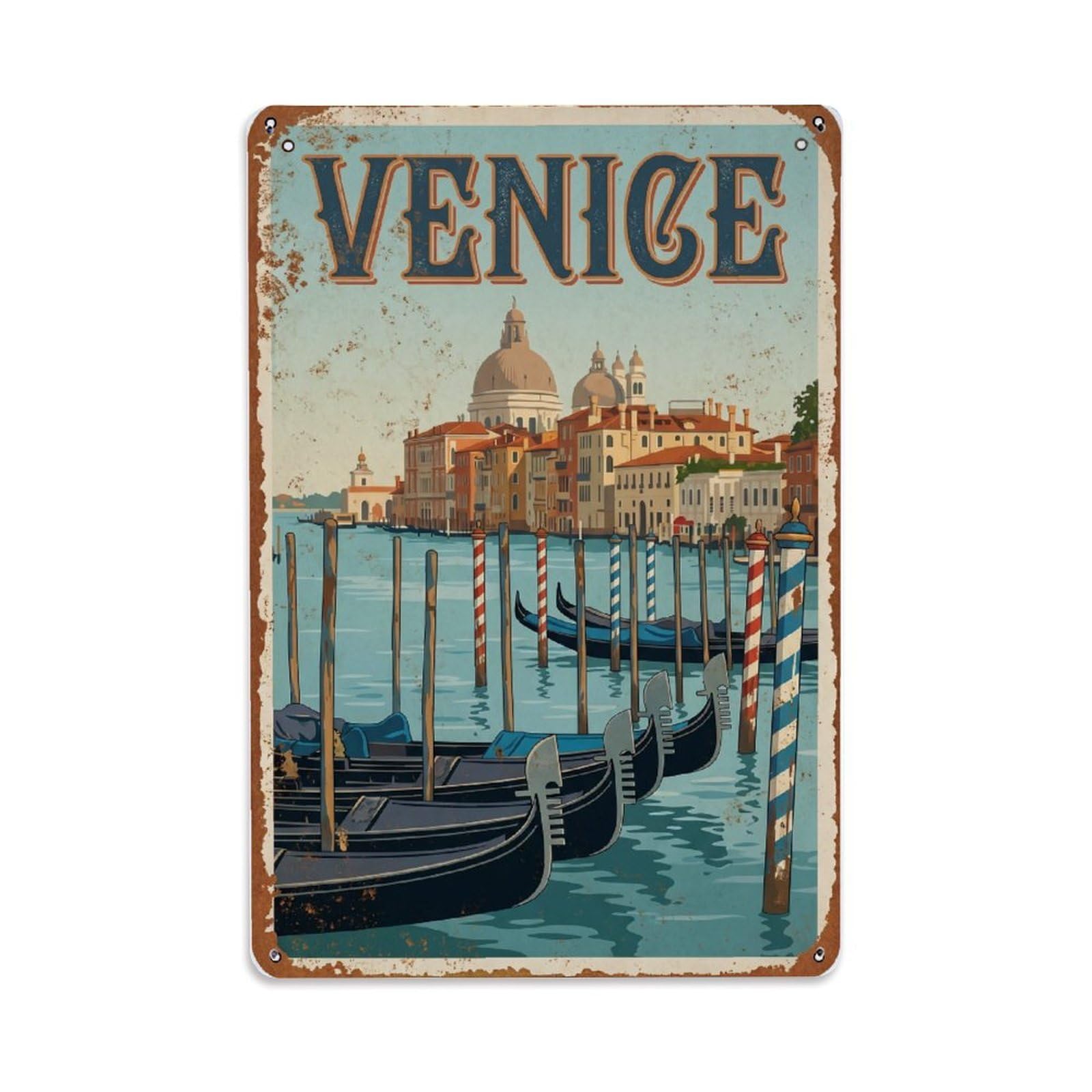 Vintage Travel Venice Gondola Parking Striped Poles Rusted Italy Metal Tin Sign Plaque Wall Decor for Cafe, Club Bar, Office, Home Garden Metal Poster 8x12Inch